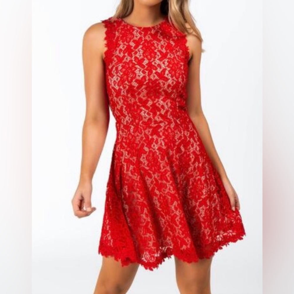 J’ai Ami Red Lace overlay sleeveless dress